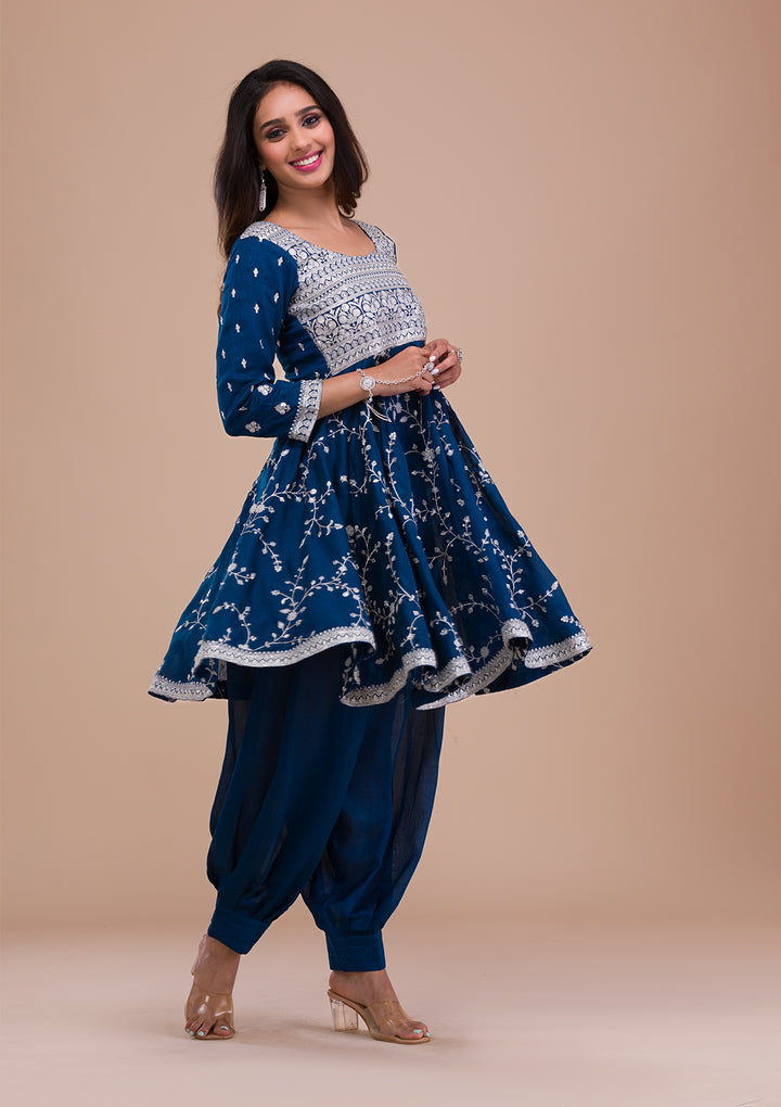 Peacock Blue Zariwork Art Silk Readymade Salwar Suit