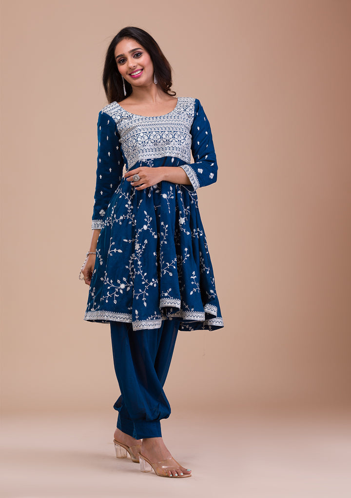 Peacock Blue Zariwork Art Silk Readymade Salwar Suit