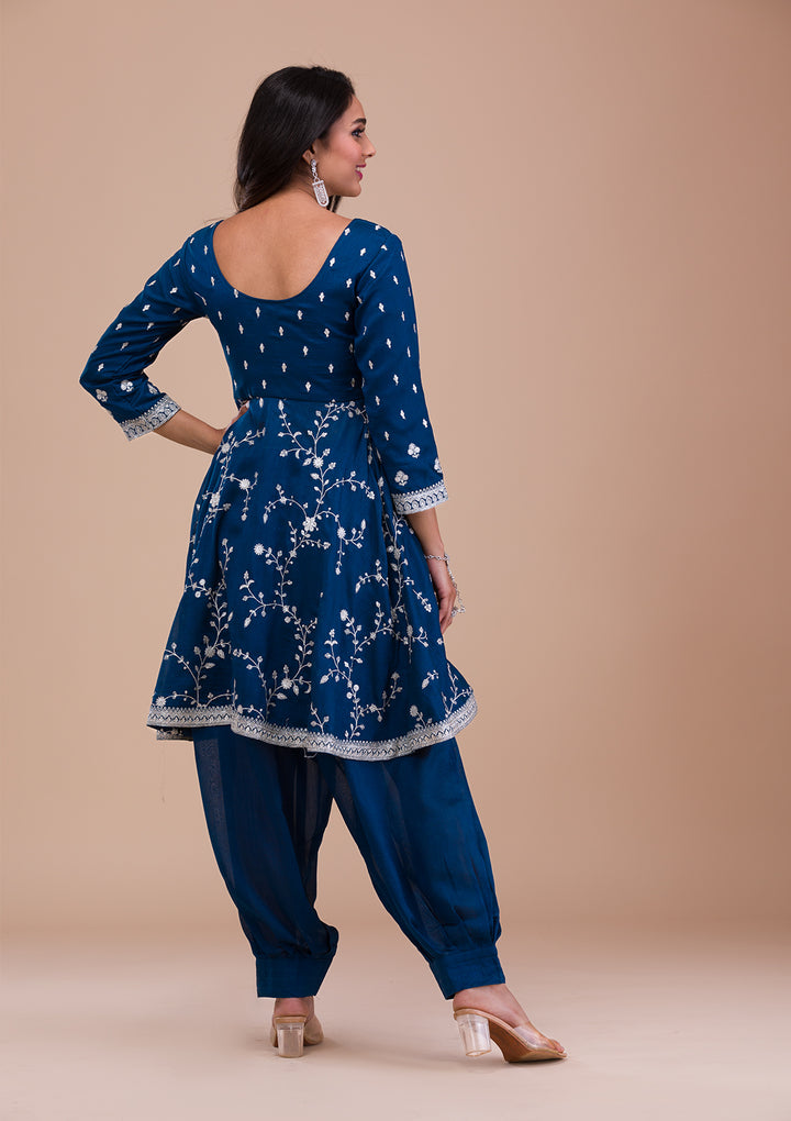 Peacock Blue Zariwork Art Silk Readymade Salwar Suit