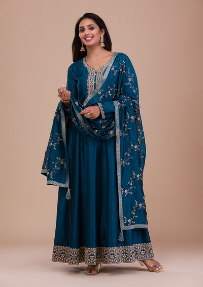 Peacock Blue Zariwork Art Silk Readymade Anarkali Suit