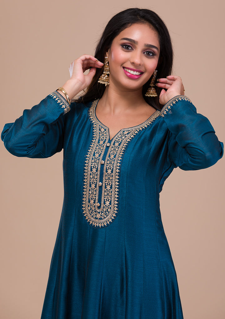 Peacock Blue Zariwork Art Silk Readymade Anarkali Suit
