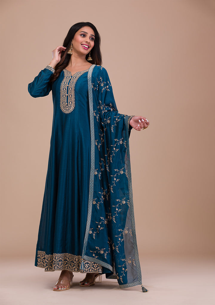 Peacock Blue Zariwork Art Silk Readymade Anarkali Suit