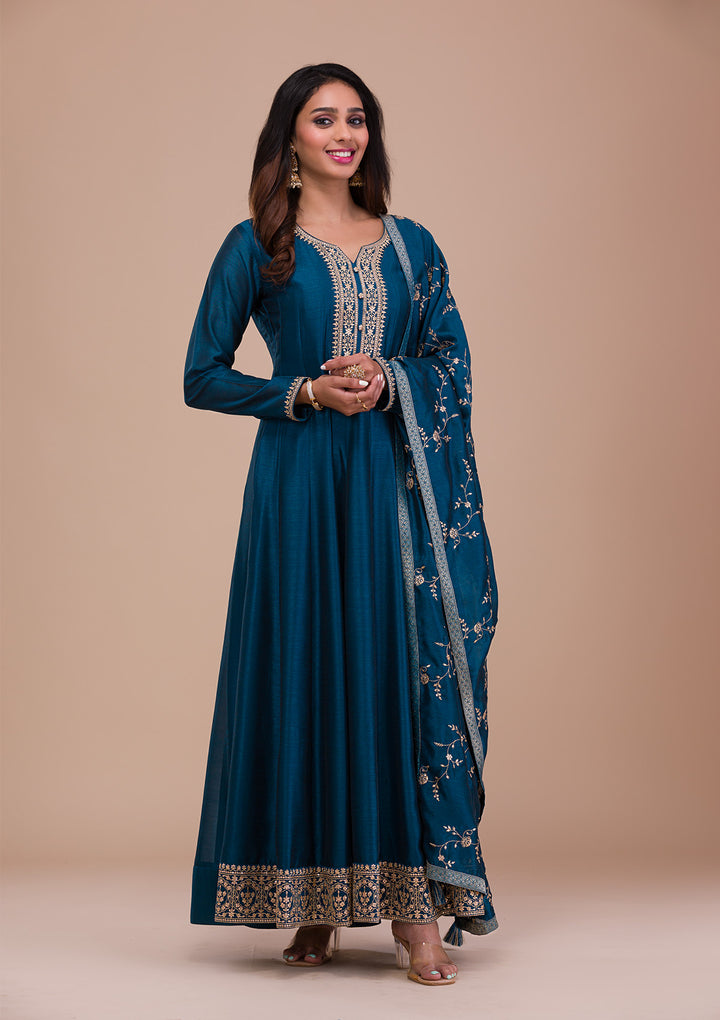 Peacock Blue Zariwork Art Silk Readymade Anarkali Suit