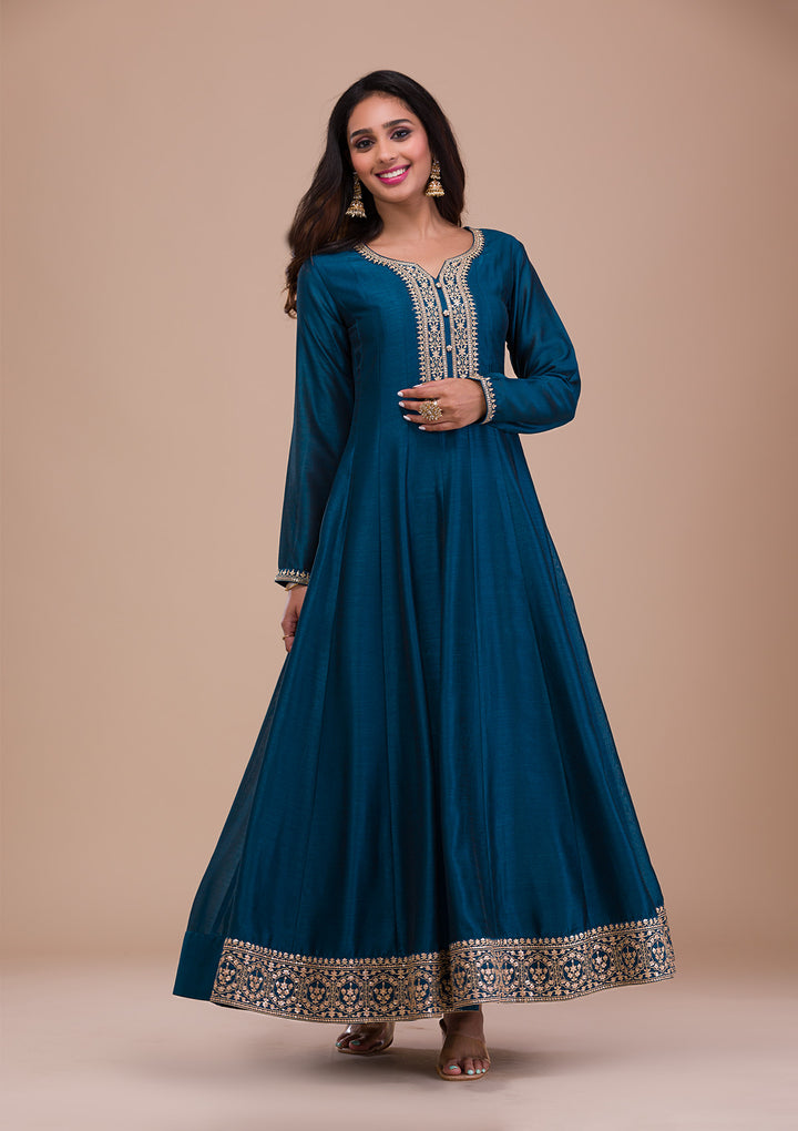 Peacock Blue Zariwork Art Silk Readymade Anarkali Suit