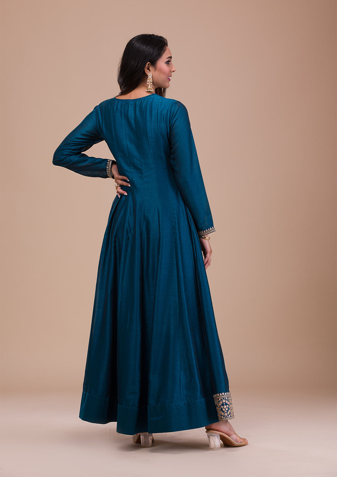Peacock Blue Zariwork Art Silk Readymade Anarkali Suit