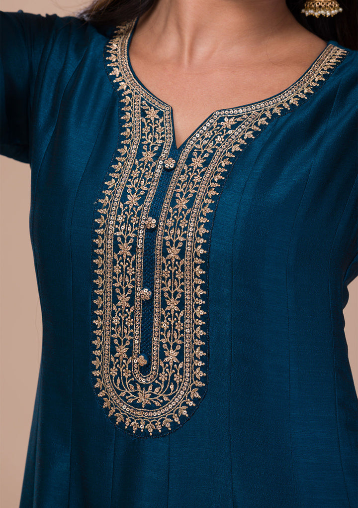 Peacock Blue Zariwork Art Silk Readymade Anarkali Suit