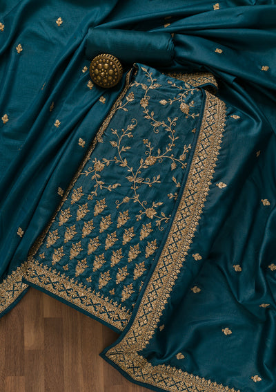 Peacock Blue Zariwork Art Silk Unstitched Salwar Suit-Koskii