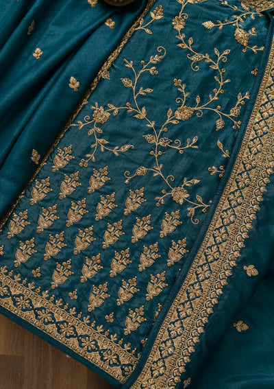 Peacock Blue Zariwork Art Silk Unstitched Salwar Suit