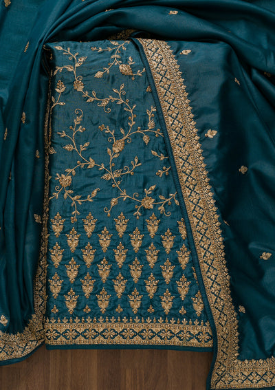 Peacock Blue Zariwork Art Silk Unstitched Salwar Suit