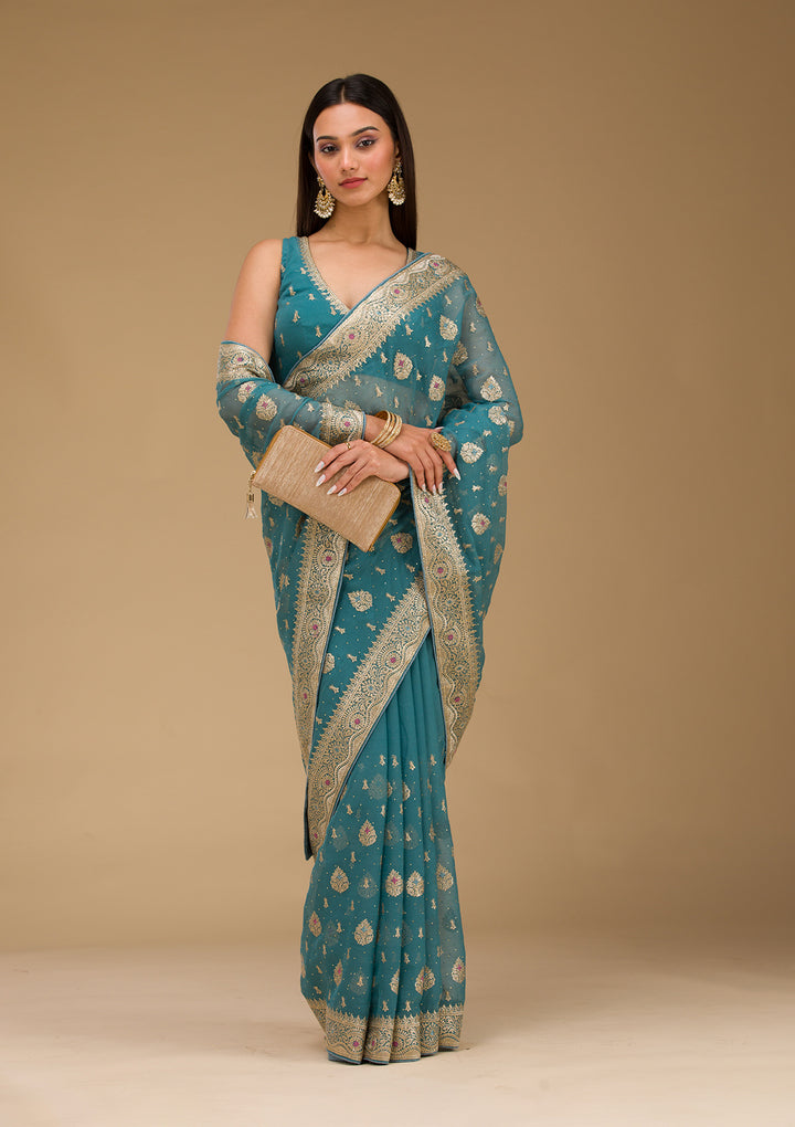 Peacock Blue Zariwork Chiffon Saree