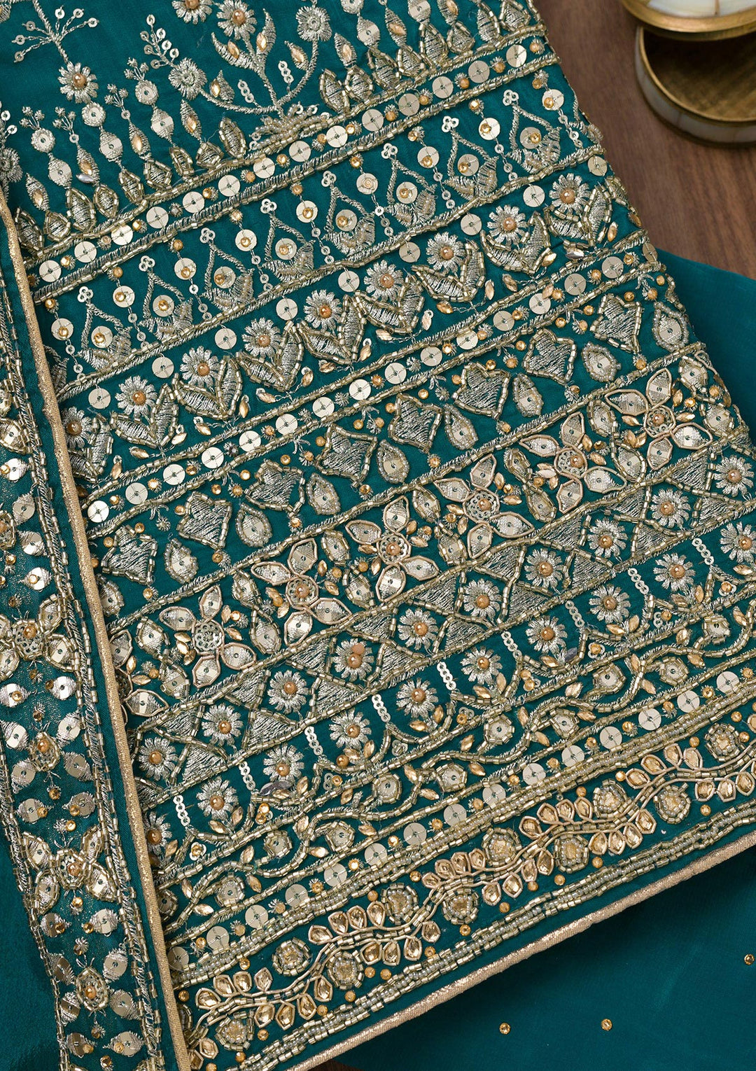 Peacock Blue Zariwork Crepe Unstitched Salwar Suit