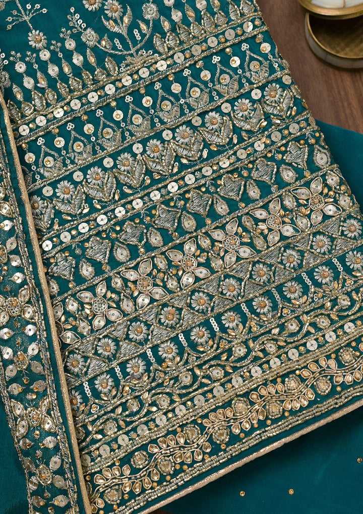 Peacock Blue Zariwork Crepe Unstitched Salwar Suit
