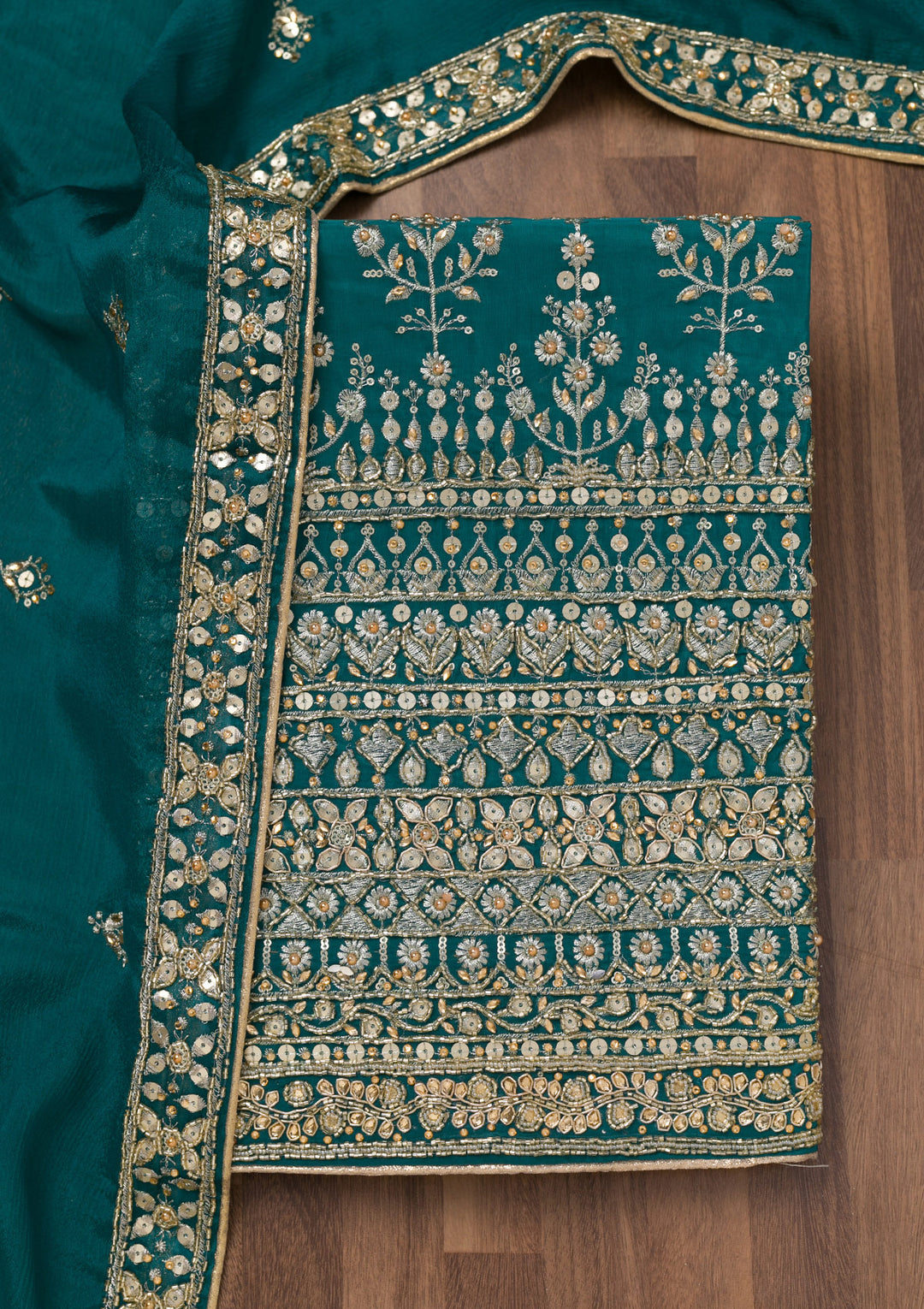 Peacock Blue Zariwork Crepe Unstitched Salwar Suit
