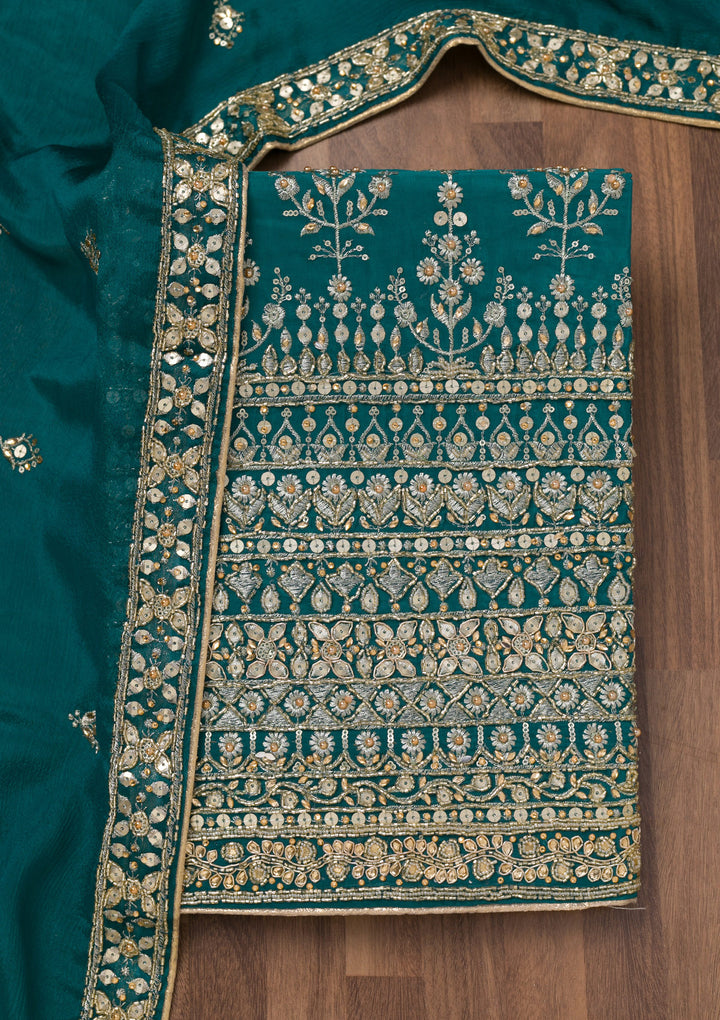 Peacock Blue Zariwork Crepe Unstitched Salwar Suit