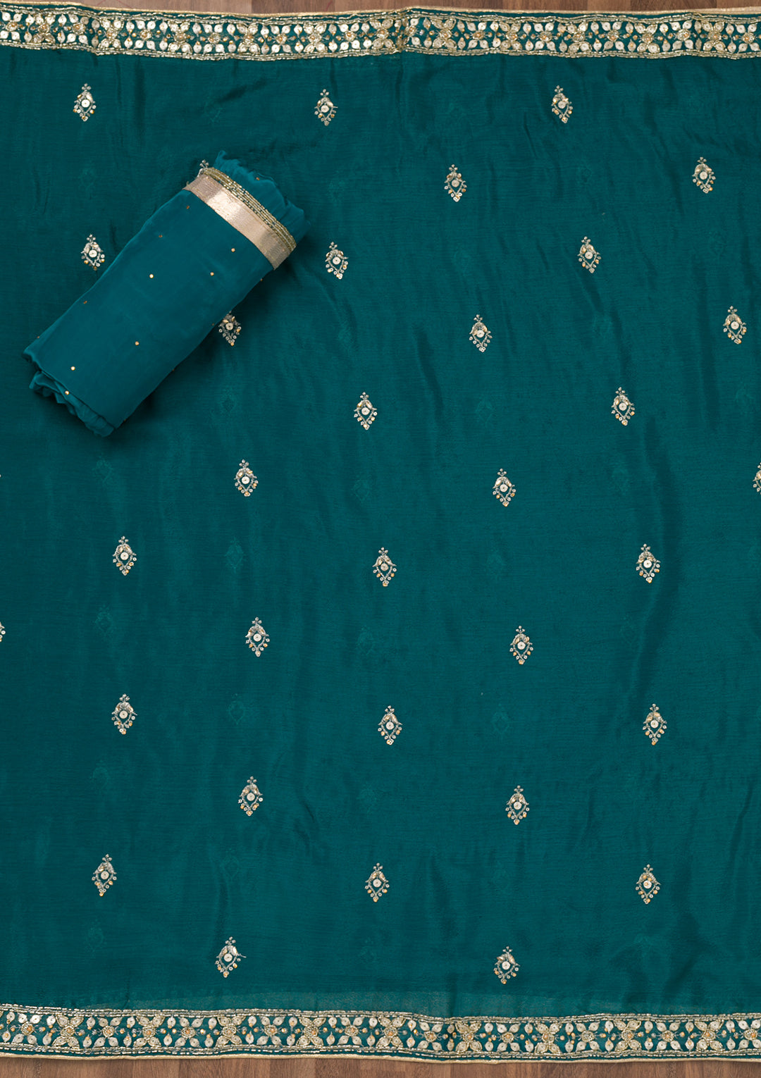 Peacock Blue Zariwork Crepe Unstitched Salwar Suit