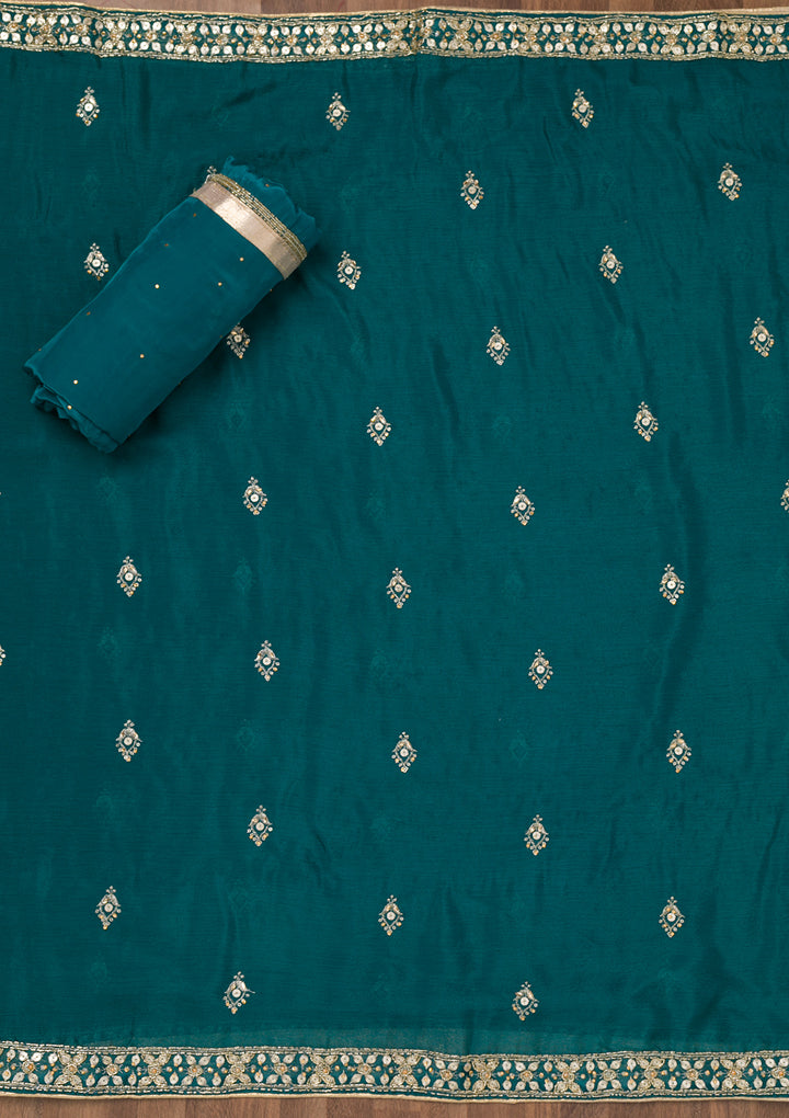 Peacock Blue Zariwork Crepe Unstitched Salwar Suit