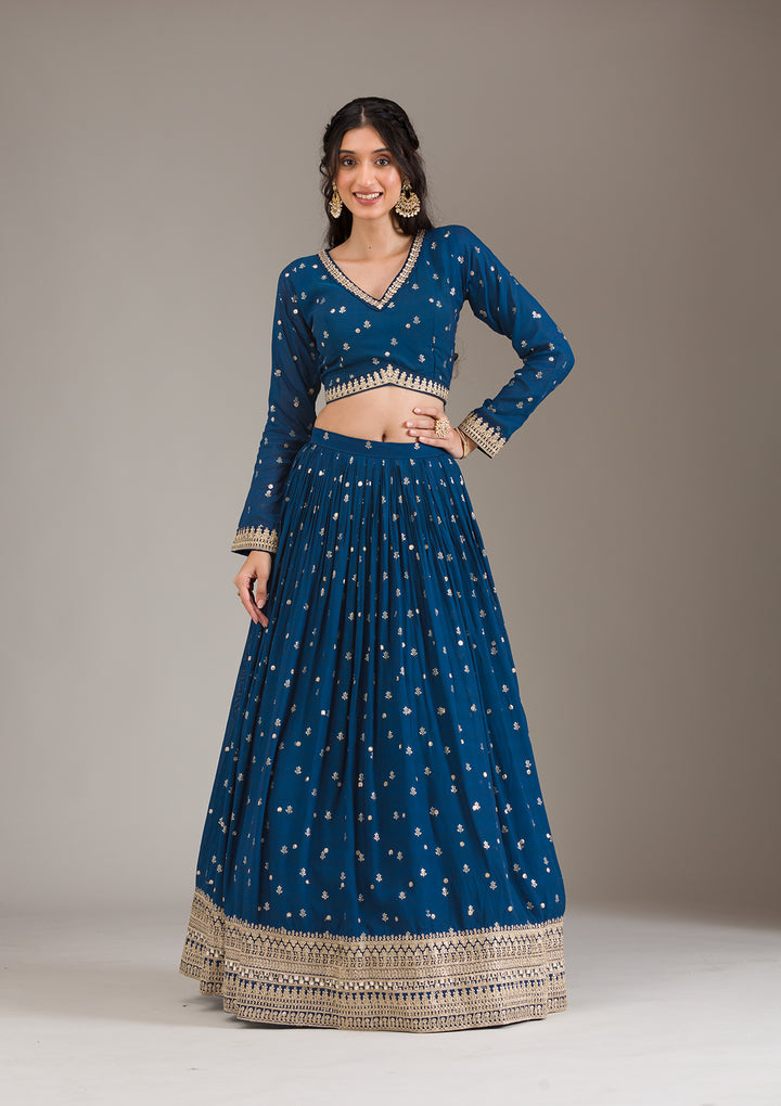 Peacock Blue Zariwork Georgette Readymade Lehenga