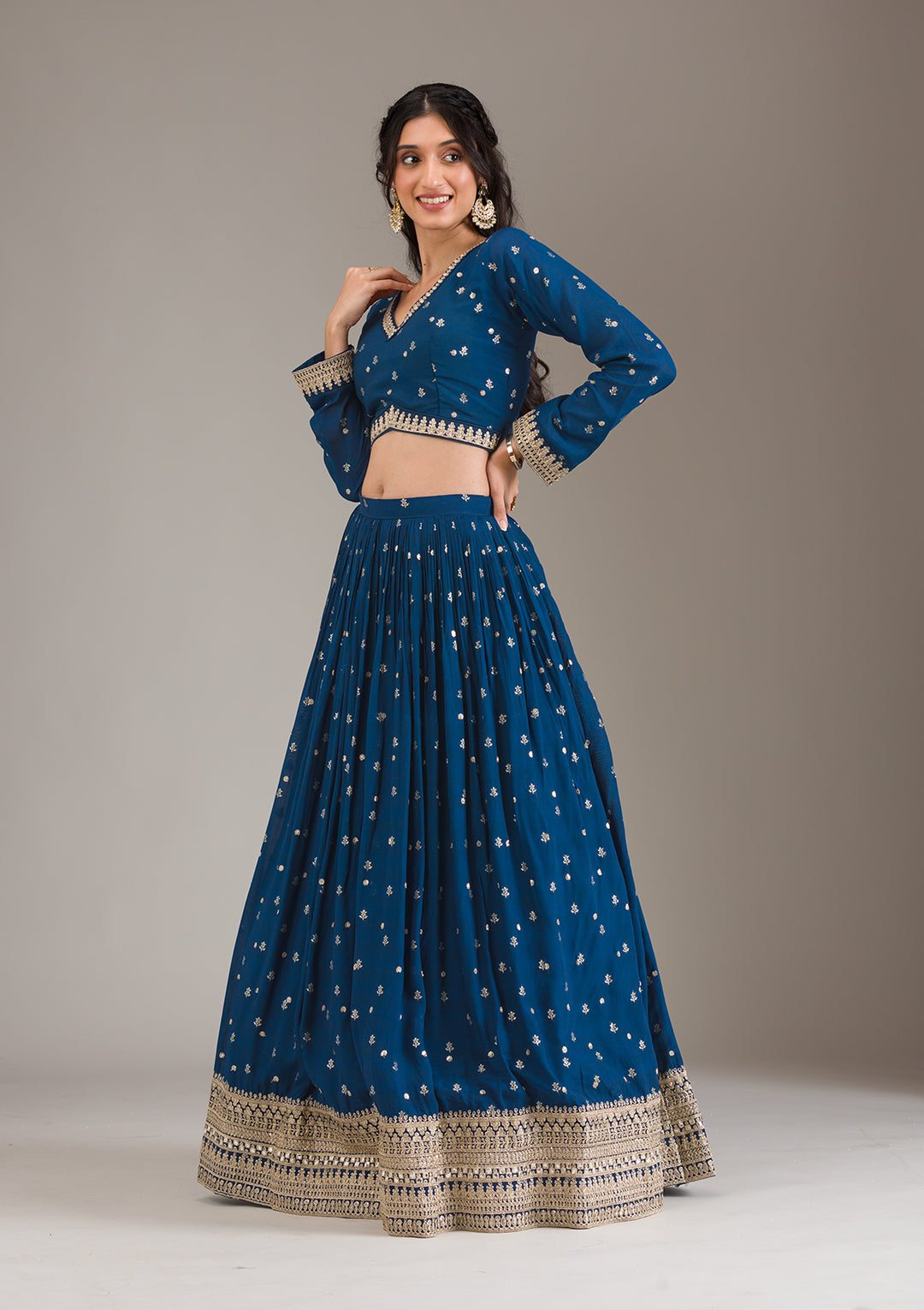 Peacock Blue Zariwork Georgette Readymade Lehenga