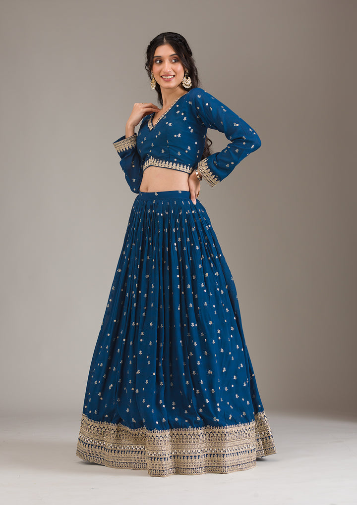Peacock Blue Zariwork Georgette Readymade Lehenga