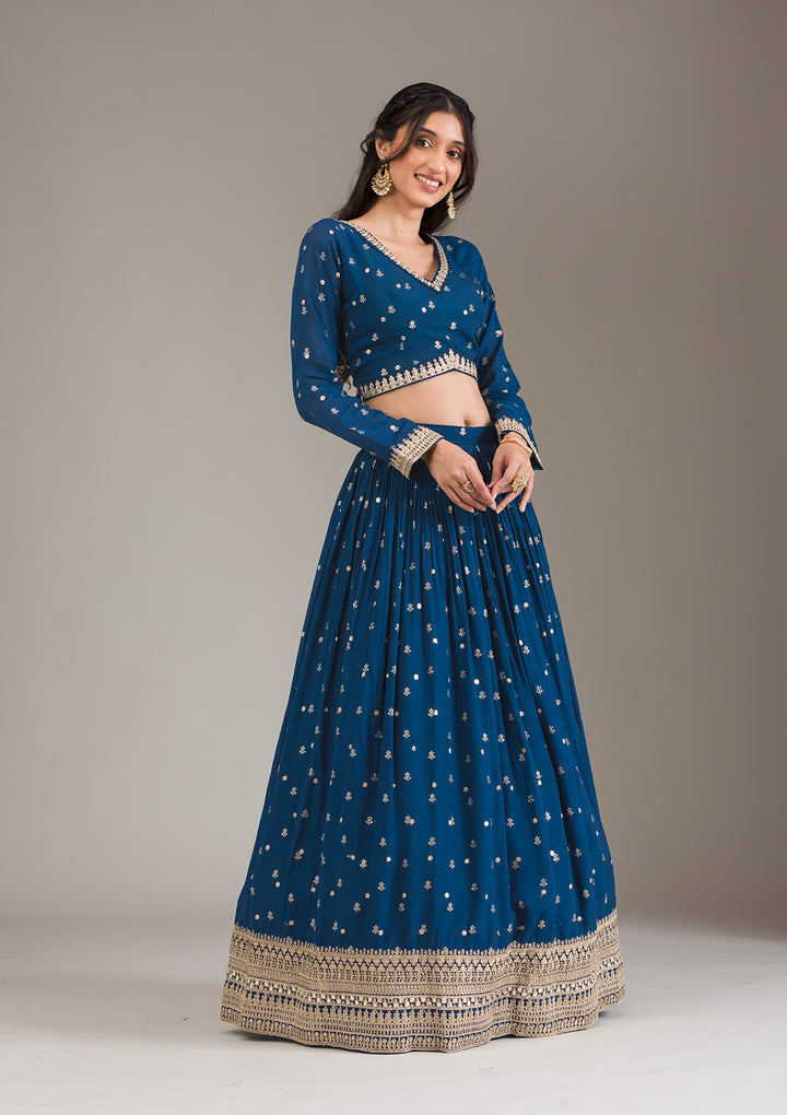 Peacock Blue Zariwork Georgette Readymade Lehenga
