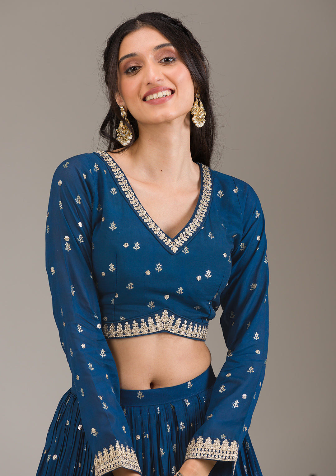 Peacock Blue Zariwork Georgette Readymade Lehenga
