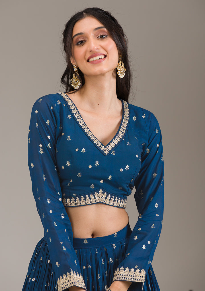 Peacock Blue Zariwork Georgette Readymade Lehenga