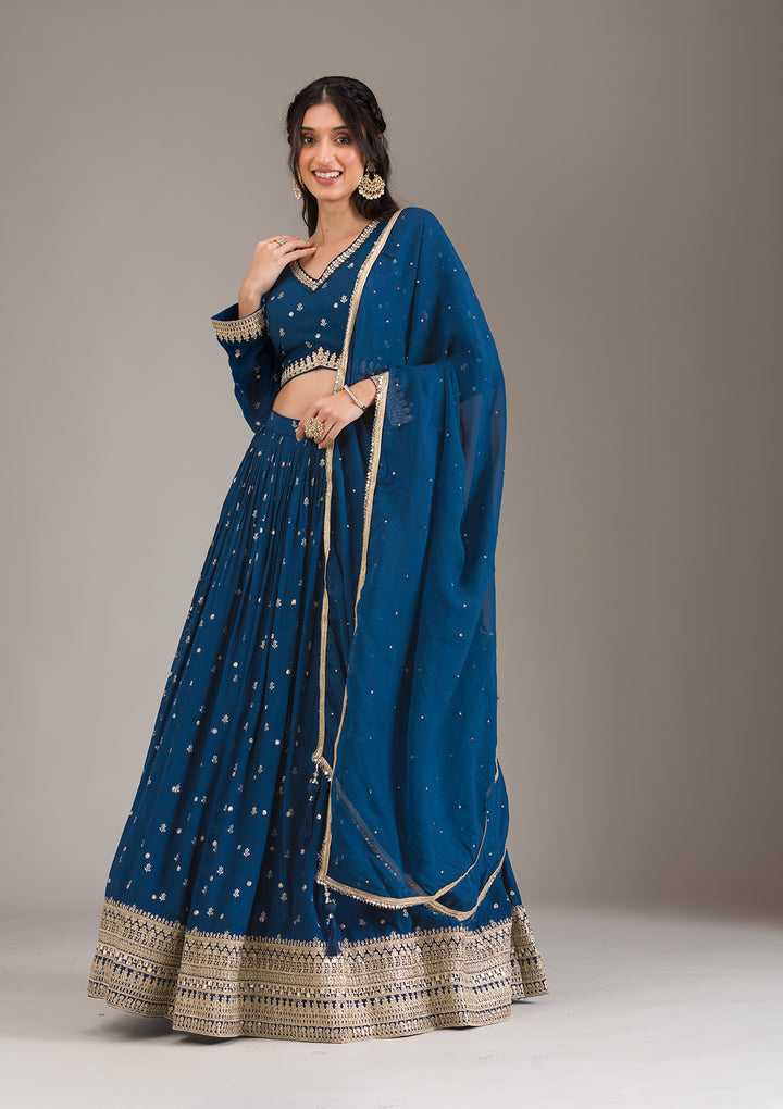 Peacock Blue Zariwork Georgette Readymade Lehenga