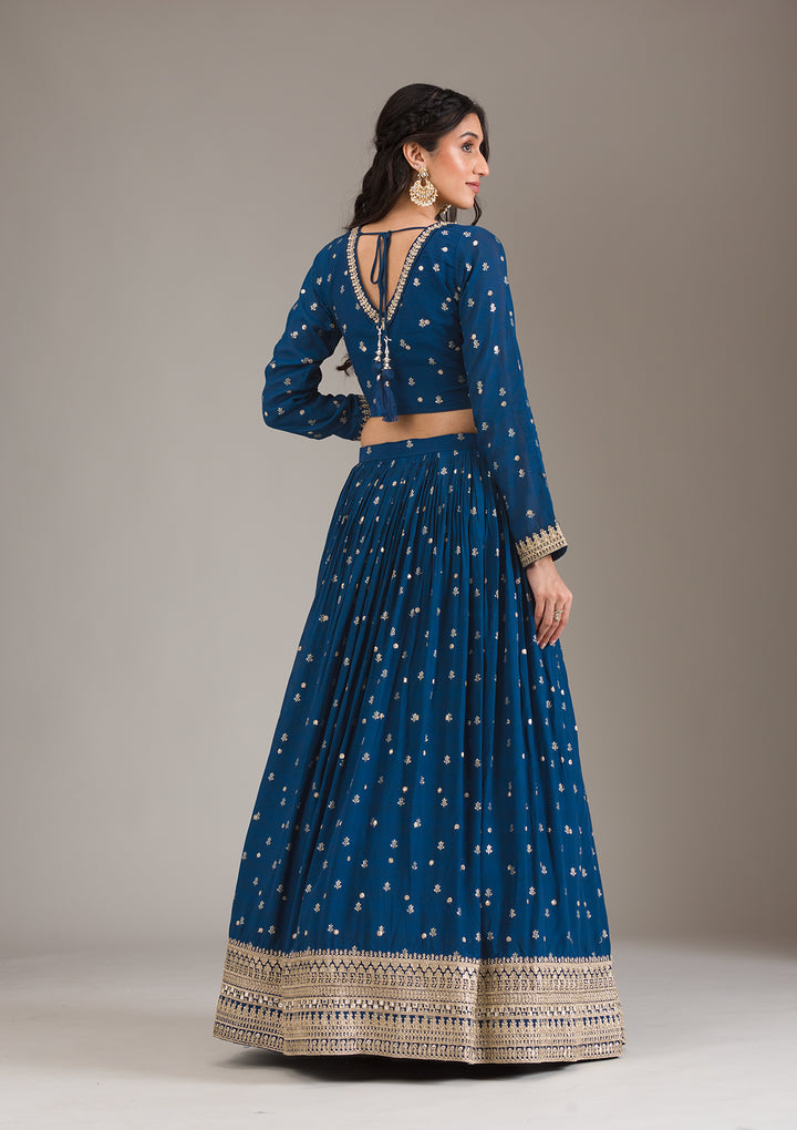 Peacock Blue Zariwork Georgette Readymade Lehenga
