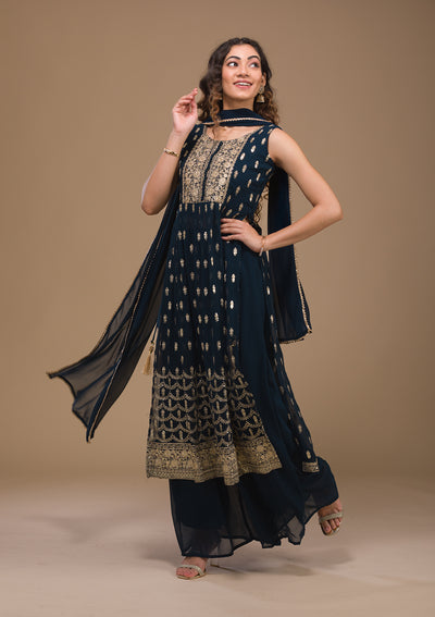 Peacock Blue Zariwork Georgette Readymade Salwar Suit-Koskii