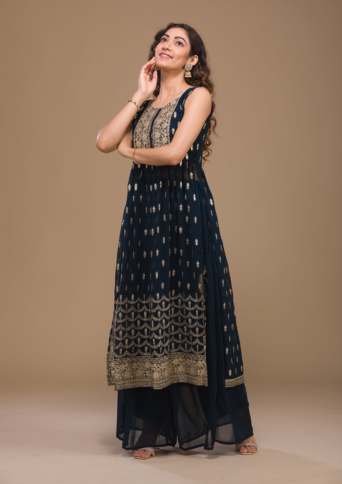 Peacock Blue Zariwork Georgette Readymade Salwar Suit-Koskii