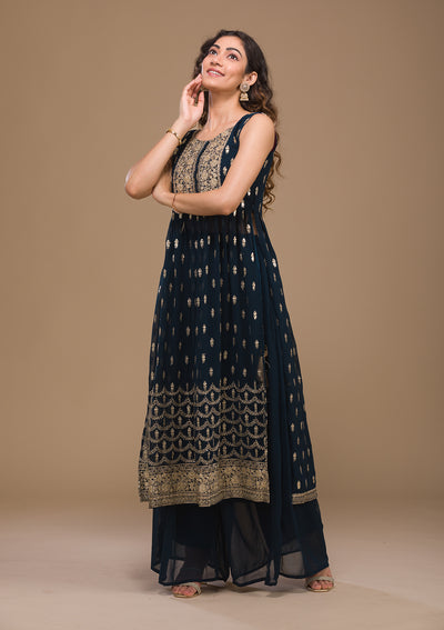 Peacock Blue Zariwork Georgette Readymade Salwar Suit-Koskii