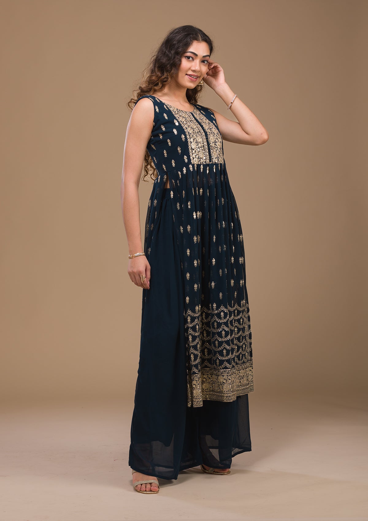 Peacock Blue Zariwork Georgette Readymade Salwar Suit-Koskii