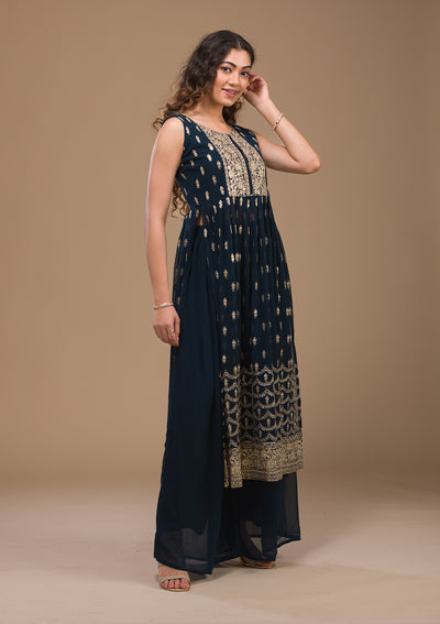 Peacock Blue Zariwork Georgette Readymade Salwar Suit-Koskii