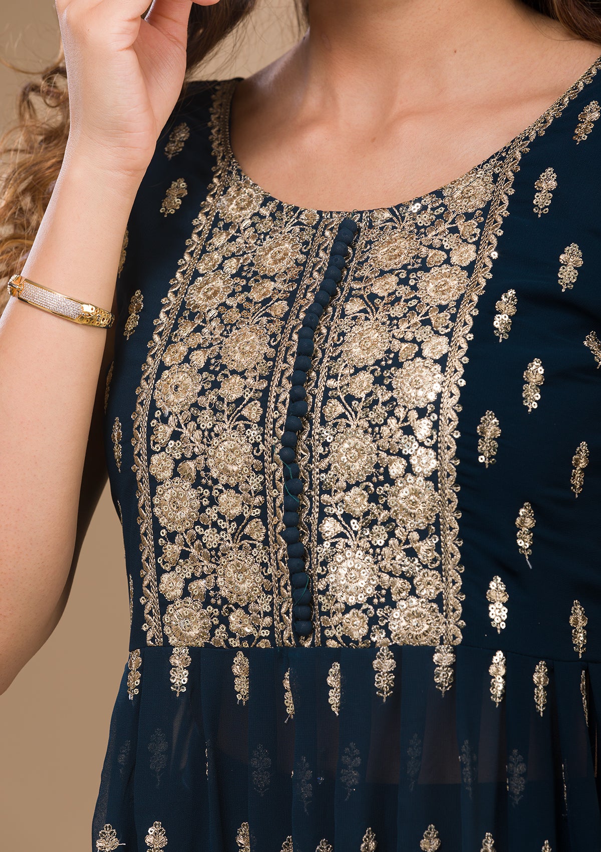 Peacock Blue Zariwork Georgette Readymade Salwar Suit-Koskii