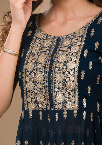 Peacock Blue Zariwork Georgette Readymade Salwar Suit-Koskii