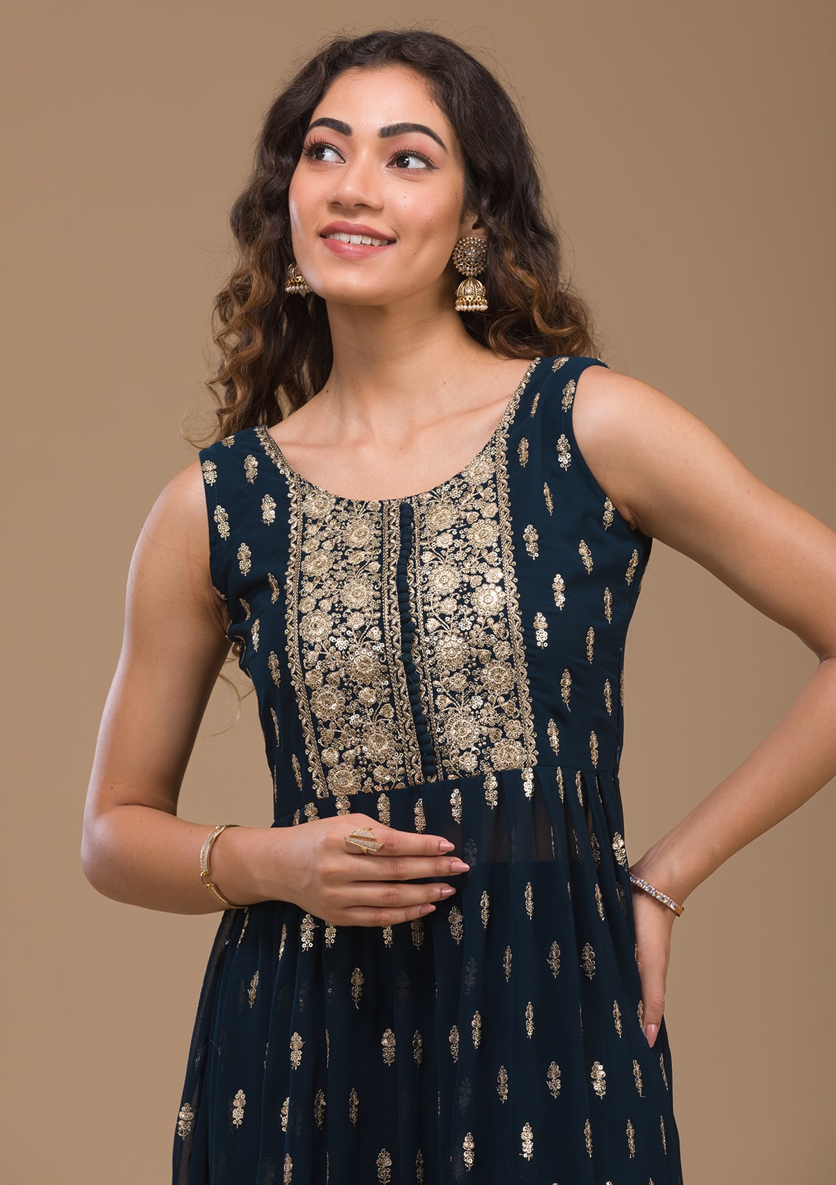 Peacock Blue Zariwork Georgette Readymade Salwar Suit-Koskii
