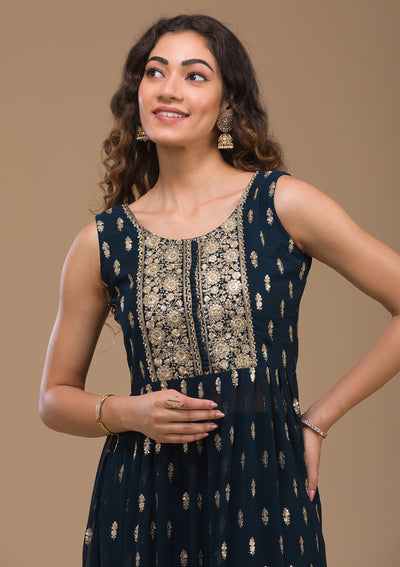 Peacock Blue Zariwork Georgette Readymade Salwar Suit-Koskii