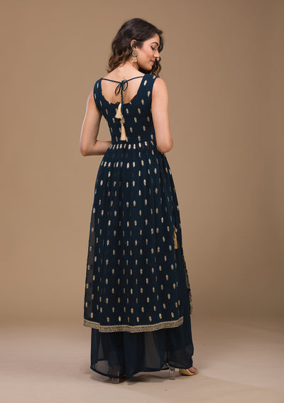 Peacock Blue Zariwork Georgette Readymade Salwar Suit-Koskii