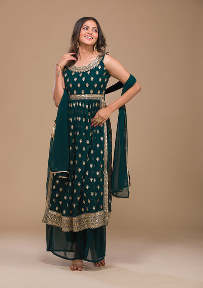 Peacock Blue Zariwork Georgette Readymade Salwar Suit-Koskii