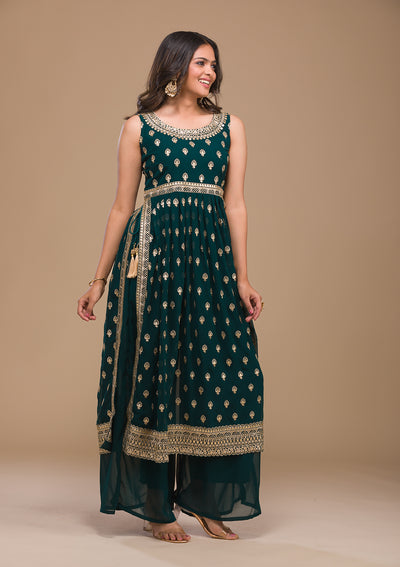 Peacock Blue Zariwork Georgette Readymade Salwar Suit-Koskii