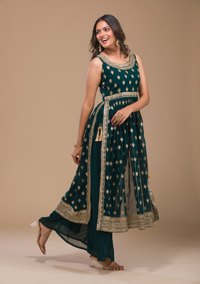 Peacock Blue Zariwork Georgette Readymade Salwar Suit-Koskii