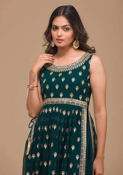 Peacock Blue Zariwork Georgette Readymade Salwar Suit-Koskii