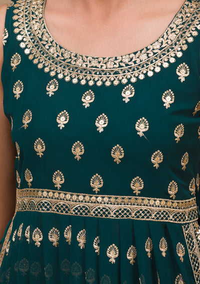 Peacock Blue Zariwork Georgette Readymade Salwar Suit-Koskii