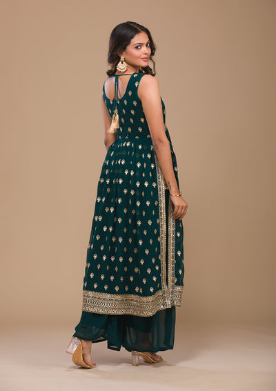 Peacock Blue Zariwork Georgette Readymade Salwar Suit-Koskii