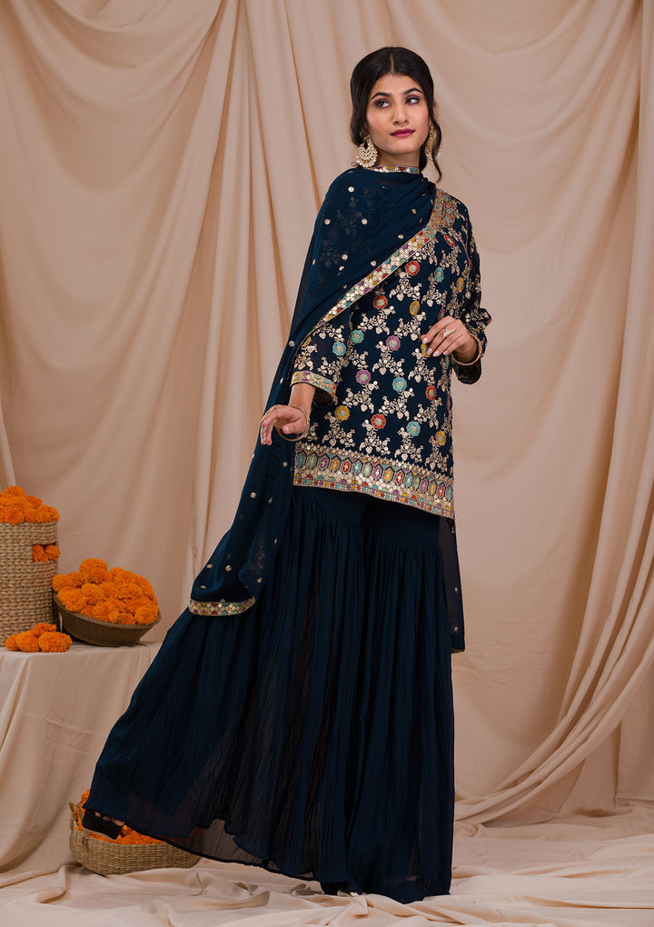 Peacock Blue Zariwork Georgette Readymade Salwar Suit-Koskii