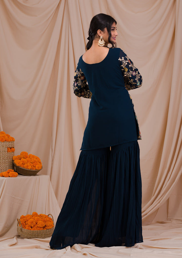 Peacock Blue Zariwork Georgette Readymade Sharara Suit