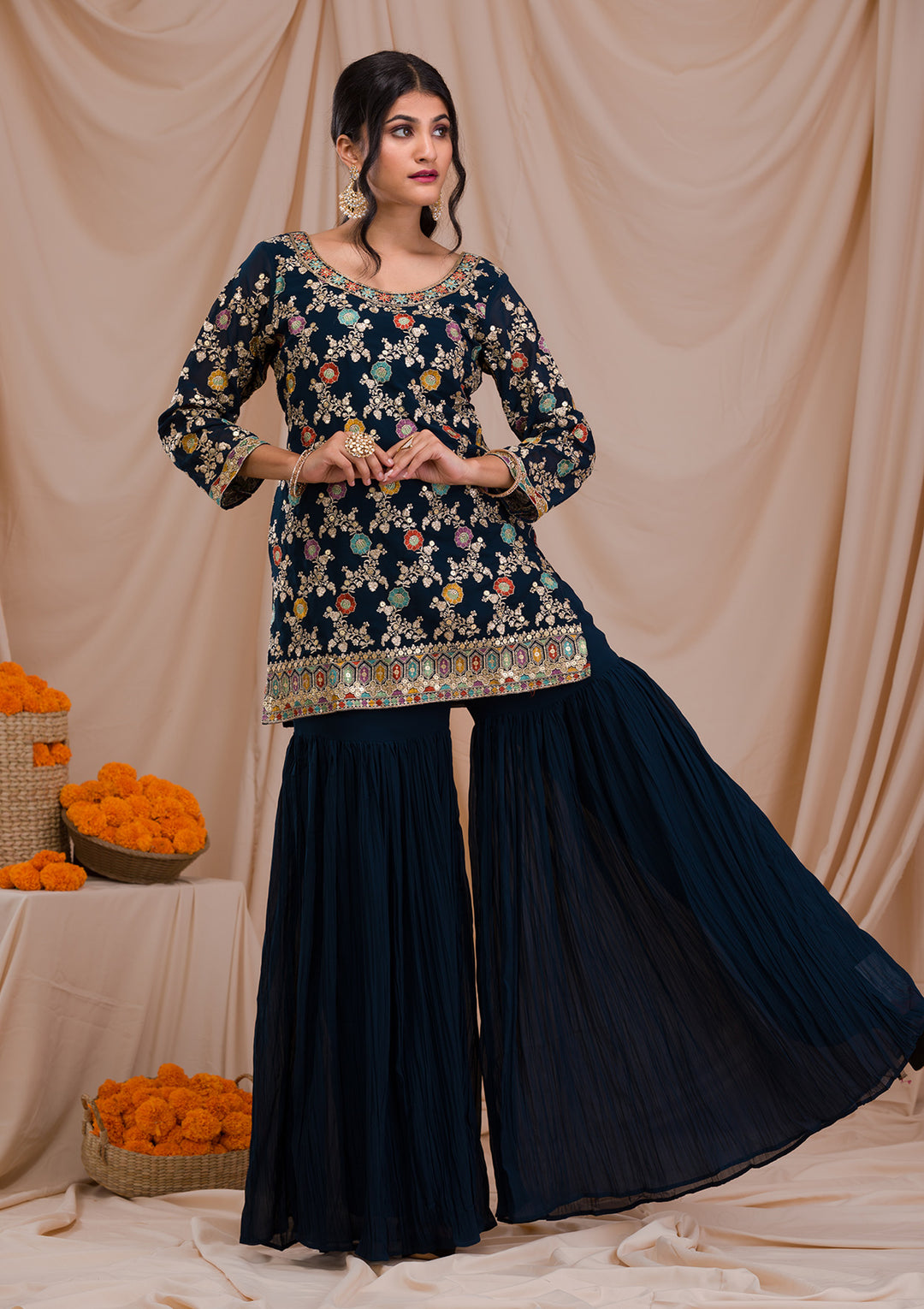 Peacock Blue Zariwork Georgette Readymade Salwar Suit-Koskii