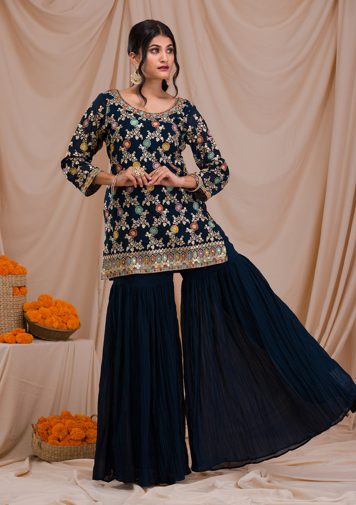Peacock Blue Zariwork Georgette Readymade Salwar Suit-Koskii