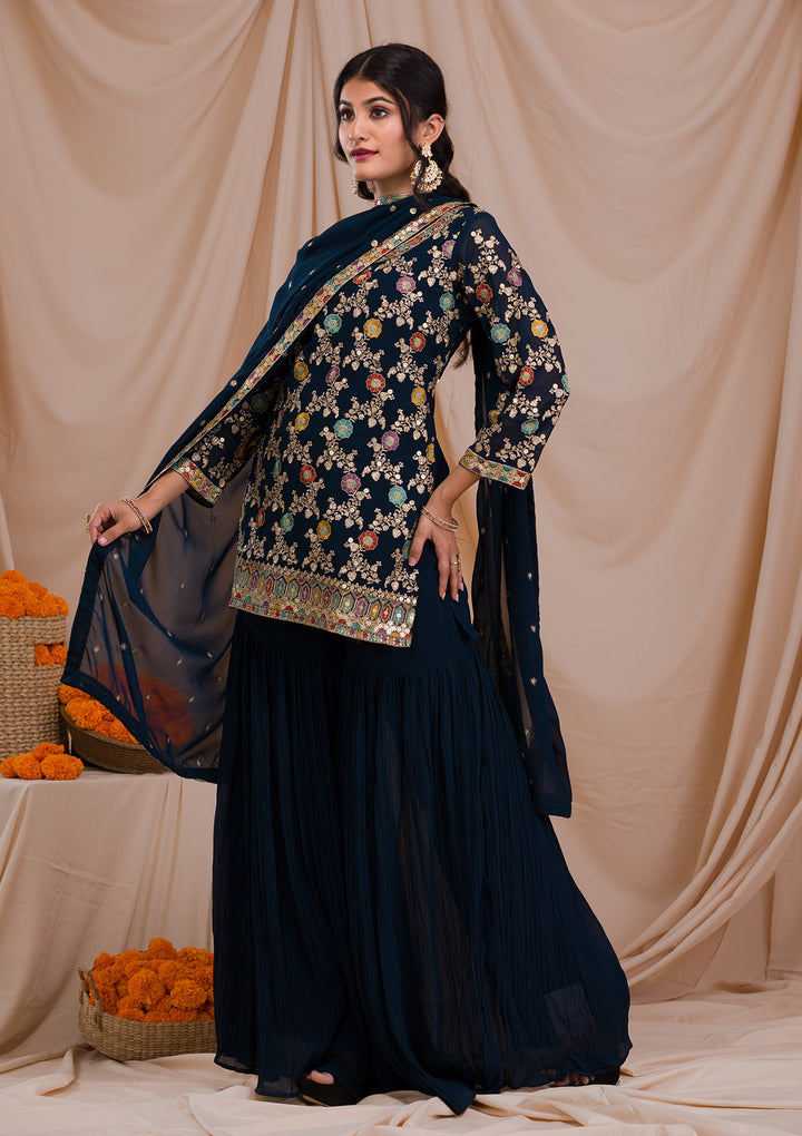 Peacock Blue Zariwork Georgette Readymade Salwar Suit-Koskii
