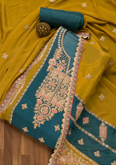 Peacock Blue Zariwork Georgette Unstitched Salwar Suit-Koskii
